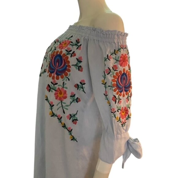 Zara Light Blue Linen Floral Embroidered Dress Small - Picture 4 of 7